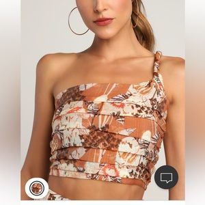 Lulus Something Wild Brown Multi Print Pleated One Shoulder Crop Top